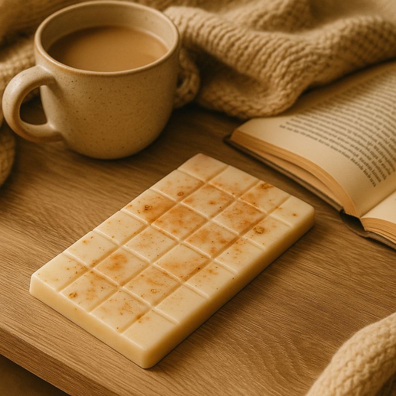 Fondant Parfumé Tablette Musc, posé sur une table en bois et dans une ambiance cosy.