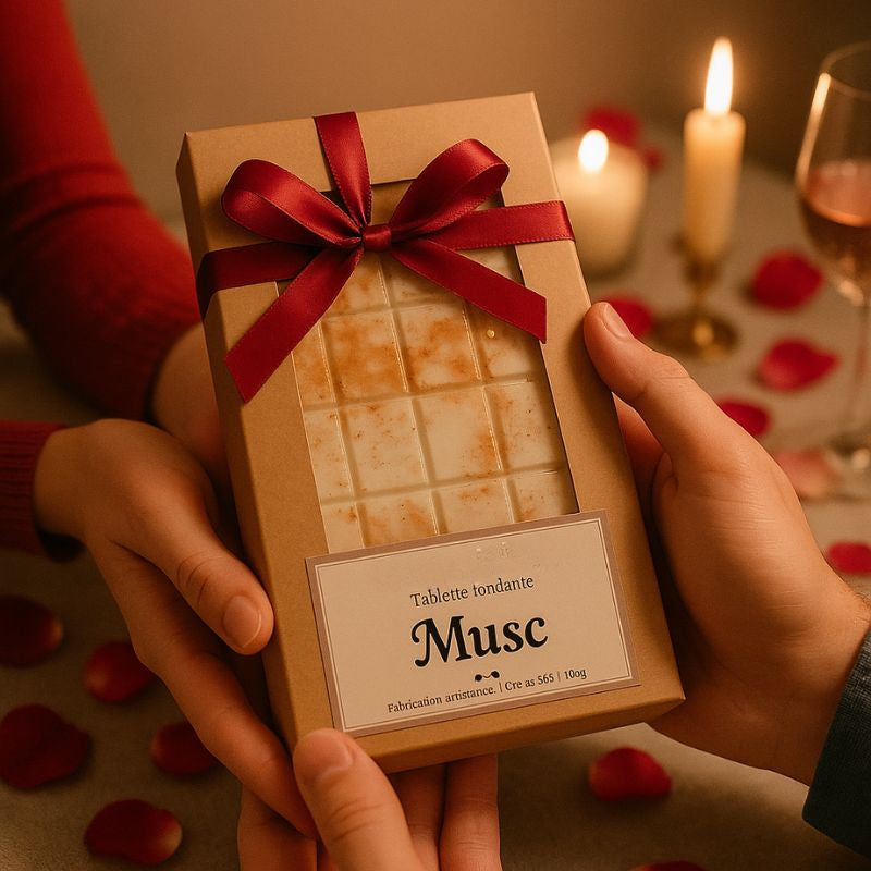 Fondant Parfumé Tablette Musc, deux personnes s'offrent la tablette de fondant parfumé et dans une ambiance romantique.