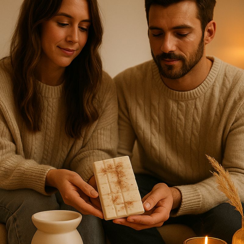 Fondant Parfumé Tablette Pain d'Épices, deux adultes tiennent le fondant parfumé dans leurs mains. Ambiance chaleureuse.