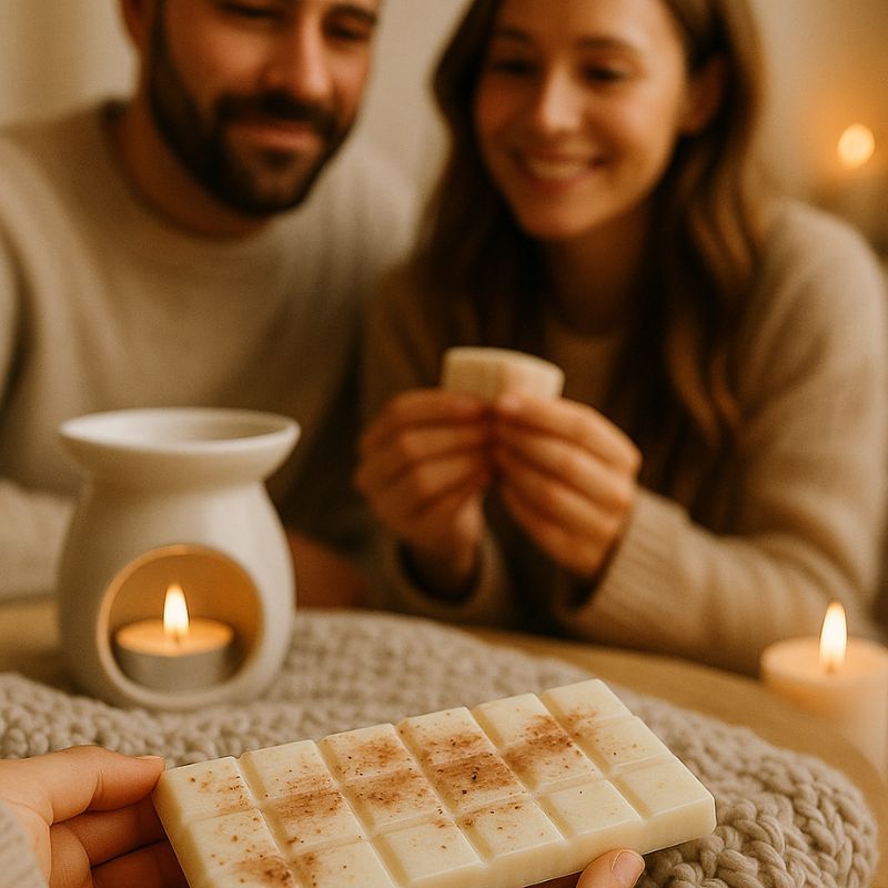 Fondant Parfumé Tablette Pain d'Épices, une personne tient le fondant parfumé pour l'offrir aux autres personnes présentes. Ambiance conviviale. 