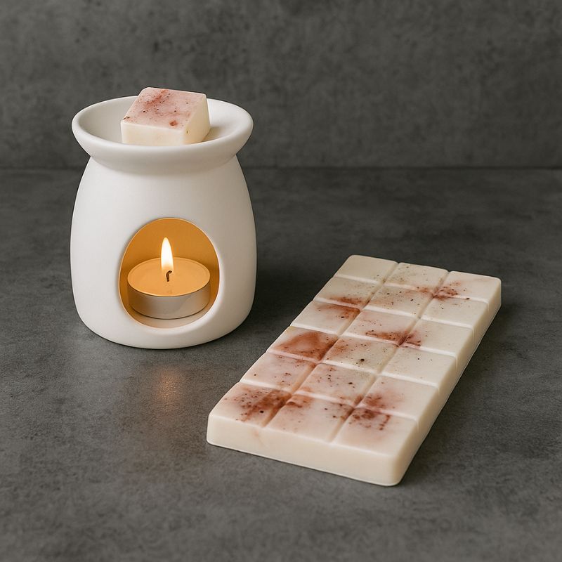 Fondant Parfumé Tablette Rocher Praliné, la tablette est posée sur une table et y'a un brûleur en démonstration à côté. Ambiance industrielle.