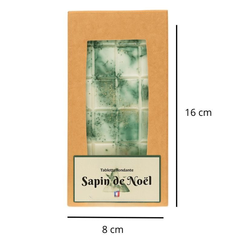 Fondant Parfumé Tablette Sapin de Noël, avec ses dimensions et sur fond blanc.