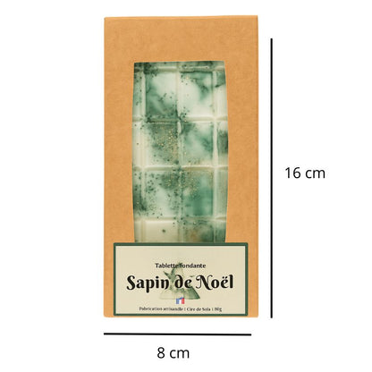 Fondant Parfumé Tablette Sapin de Noël, avec ses dimensions et sur fond blanc.