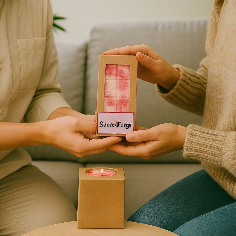 Fondant Parfumé Tablette Sucre d'Orge, deux personnes s'offrent la tablette de fondant parfumé.