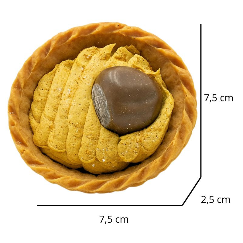 Fondant Parfumé Tartelette Châtaigne Grillé, avec ses dimensions et sur fond blanc.