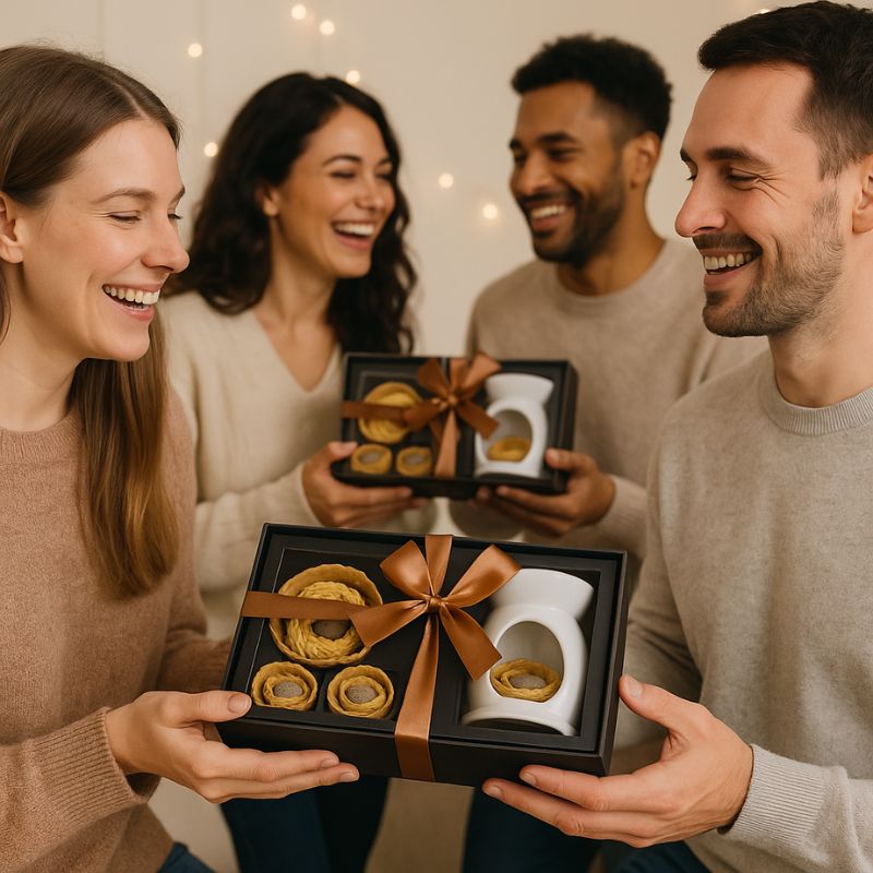 Fondant Parfumé Tartelette Châtaigne Grillé, plusieurs couples s'offrent le fondant présenté dans un coffret-cadeau. Ambiance festive.