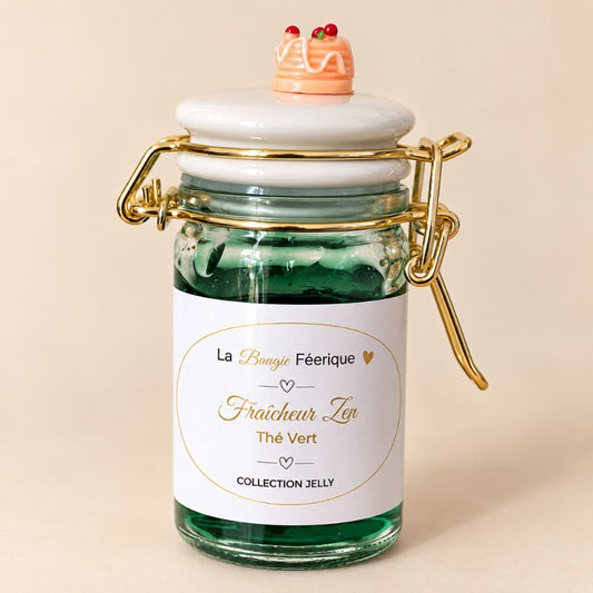 Fondant Parfumé Thé Vert – Fraîcheur Zen en pot Jelly vert sur fond beige clair.