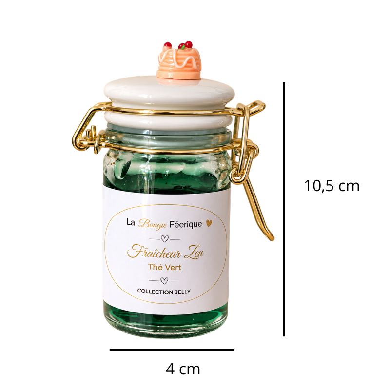 Fondant Parfumé Thé Vert – Fraîcheur Zen en pot avec ses dimensions et sur fond blanc.