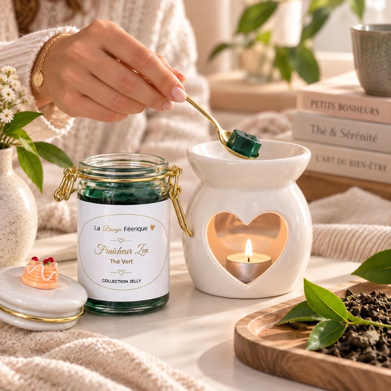 Fondant Parfumé Thé Vert – Fraîcheur Zen déposé à la cuillère dans un brûle-parfum cœur blanc.