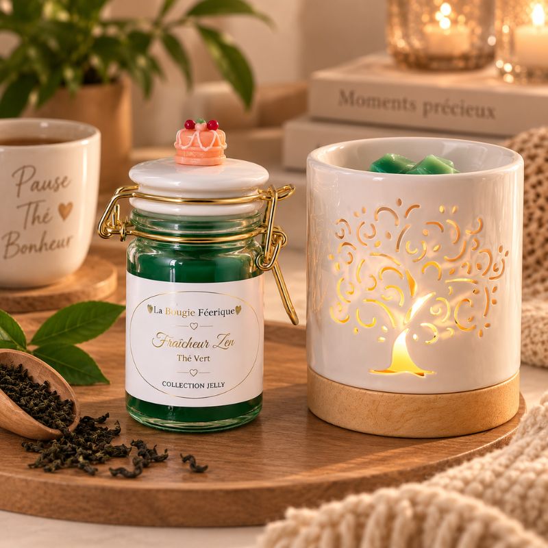 Fondant Parfumé Thé Vert – Fraîcheur Zen avec brûle-parfum arbre de vie dans une ambiance chaleureuse.