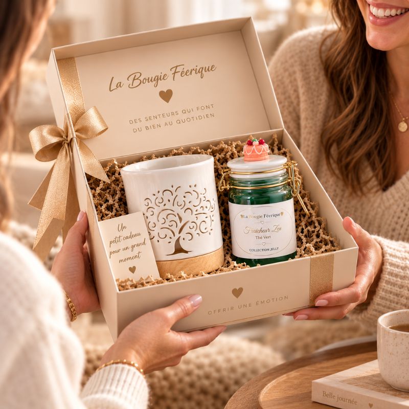 Fondant Parfumé Thé Vert – Fraîcheur Zen présenté dans un coffret cadeau avec brûle-parfum.