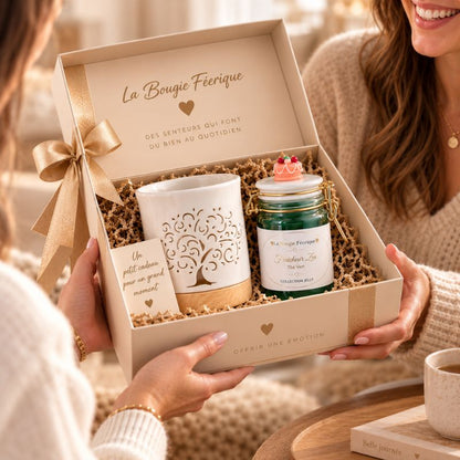 Fondant Parfumé Thé Vert – Fraîcheur Zen présenté dans un coffret cadeau avec brûle-parfum.