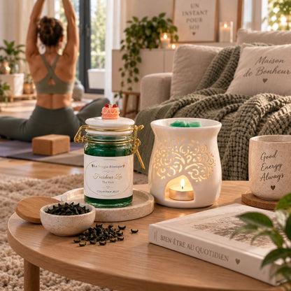 Fondant Parfumé Thé Vert – Fraîcheur Zen avec brûle-parfum dans une ambiance yoga et bien-être.