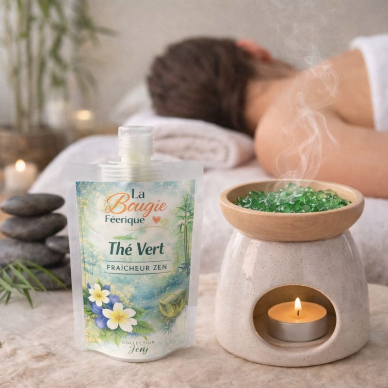 Fondant Parfumé Thé Vert avec brûle parfum gel vert ambiance zen spa diffusion.