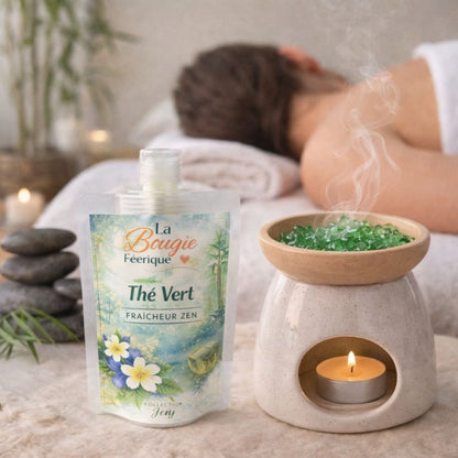 Fondant Parfumé Thé Vert avec brûle parfum gel vert ambiance zen spa diffusion.