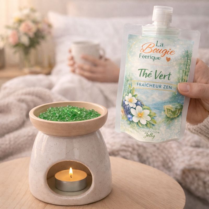 Fondant Parfumé Thé Vert en gourde avec brûle parfum gel vert diffusion ambiance cocooning.