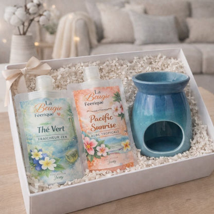 Fondant Parfumé Thé Vert Coffret cadeau avec le fondant parfumé Thé Vert et Pacific Sunrise avec brûle parfum céramique bleu idée cadeau.