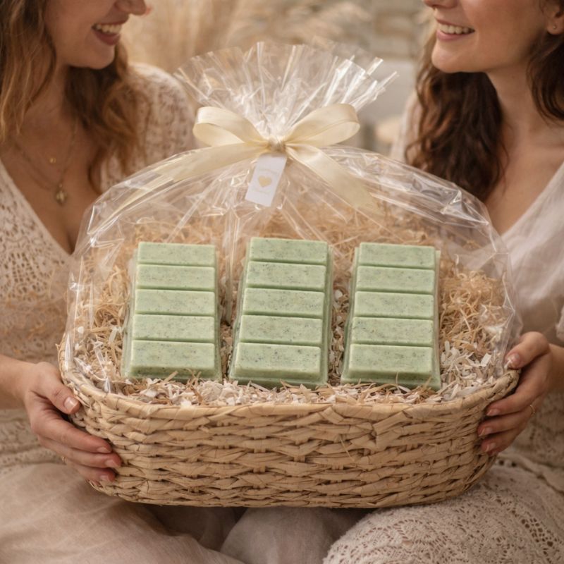 Fondant Parfumé Thé Vert Snapbar en tablettes sécables vertes dans coffret cadeau avec panier tressé ambiance Bohème.