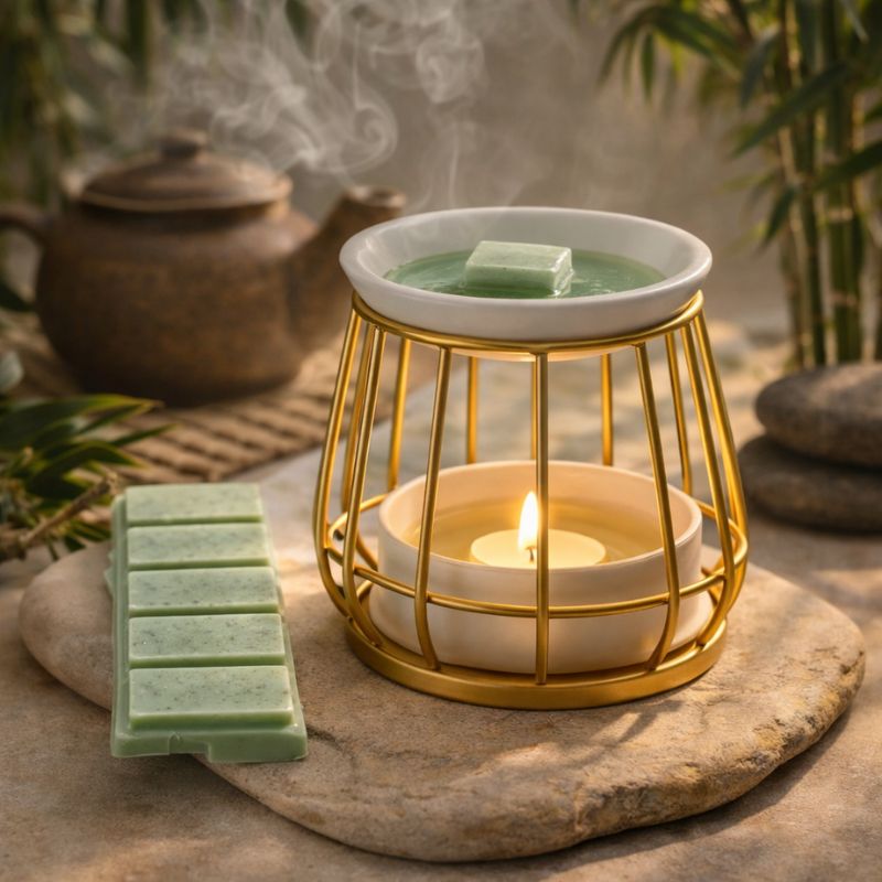 Fondant Parfumé Thé Vert Snapbar vert dans brûle parfum ambiance zen avec vapeur parfumée décoration naturelle et apaisante.