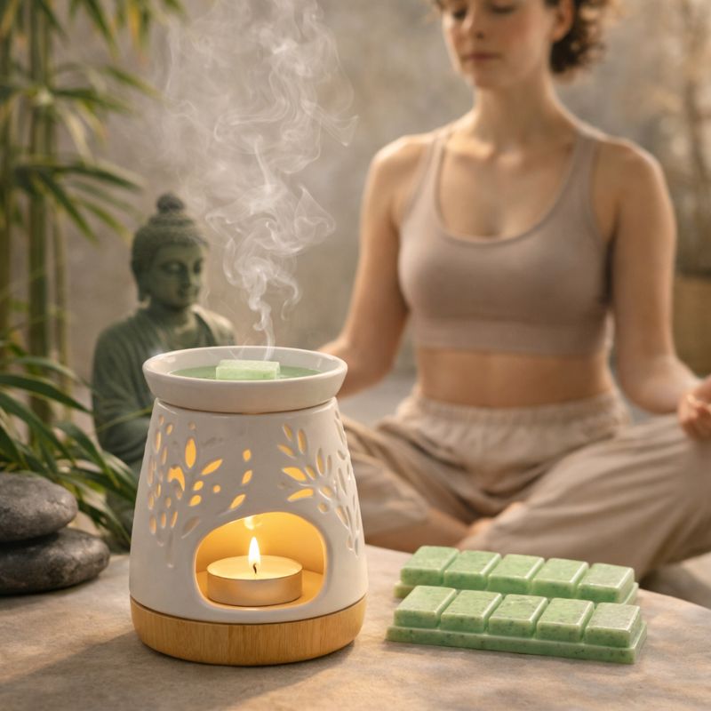 Fondant Parfumé Thé Vert Snapbar diffusé dans brûle parfum ambiance méditation zen avec vapeur apaisante et décoration naturelle relaxante.