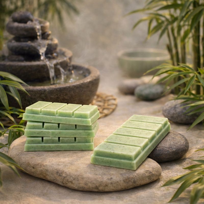 Fondant Parfumé Thé Vert Snapbar vert avec tablettes empilées sur pierres ambiance spa zen avec fontaine et décoration naturelle apaisante.