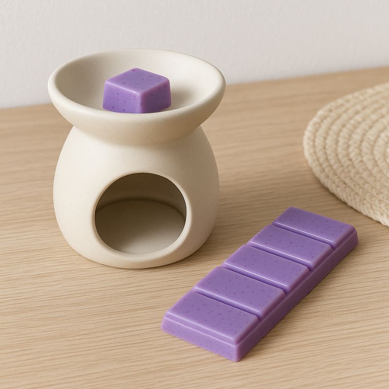 Fondant Parfumé Vin Chaud Gourmand, une partie de la tablette de fondant est dans le brûleur et l'autre partie est posée sur la table en bois, ambiance cosy.