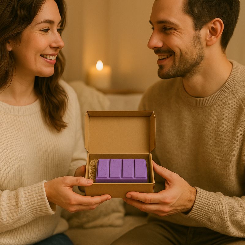 Fondant Parfumé Vin Chaud Gourmand, deux personnes s'offrent le coffret-cadeau avec le fondant parfumé à l’intérieur.