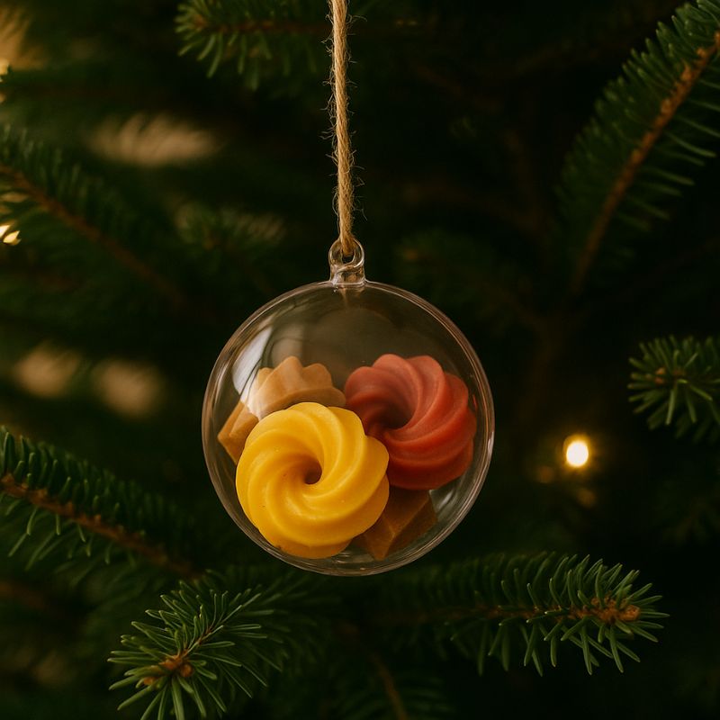 Idée Cadeau Boule Parfumée à Suspendre, la boule est suspendue à une branche du sapin et on peut voir les fondants parfumés à l’intérieur.
