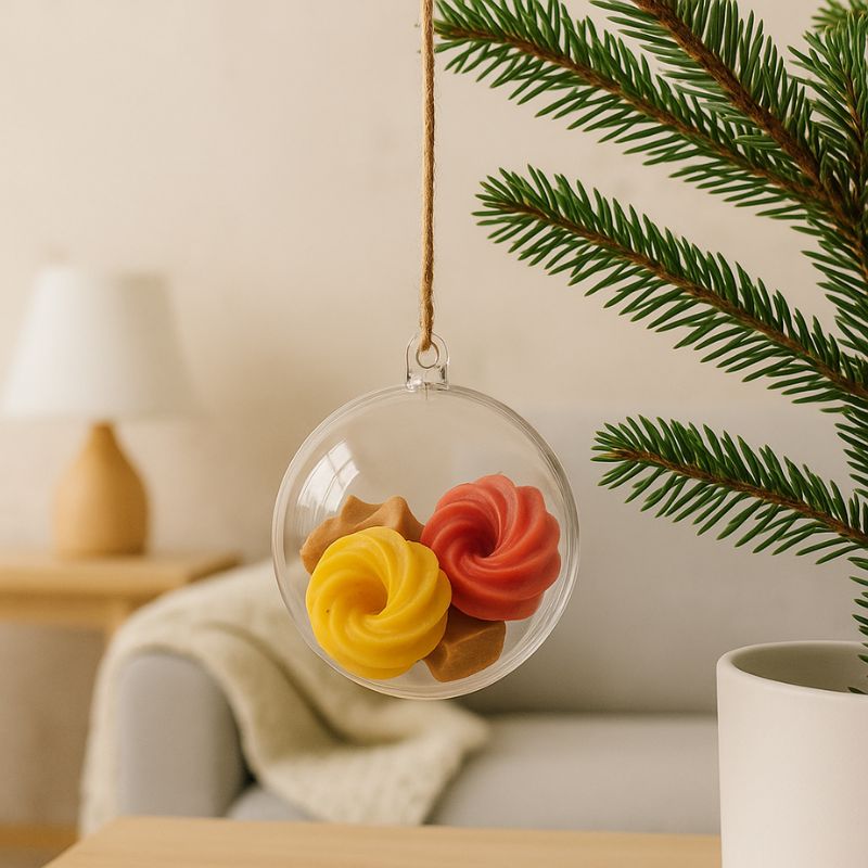 Idée Cadeau Boule Parfumée à Suspendre, la boule de Noël est suspendue au sapin de Noël et il y a des fondants à l’intérieur.
