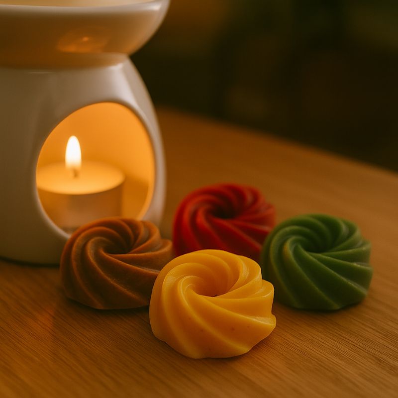 Idée Cadeau Boule Parfumée à Suspendre, les fondants sont disposés sur une table à côté d'un brûleur allumé.