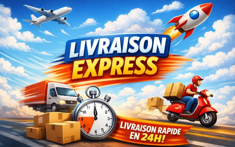 Livraison Express, sur l'image on peut observer : un chronomètre, une fusée, un camion, un avion et une personne en scooter. Il y a noté Livraison Express.