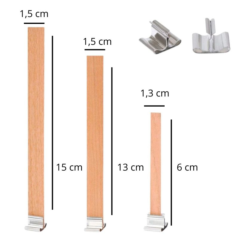 Matériel Bougie Mèche Bois 30 Pièces, avec ses dimensions et sur fond blanc.