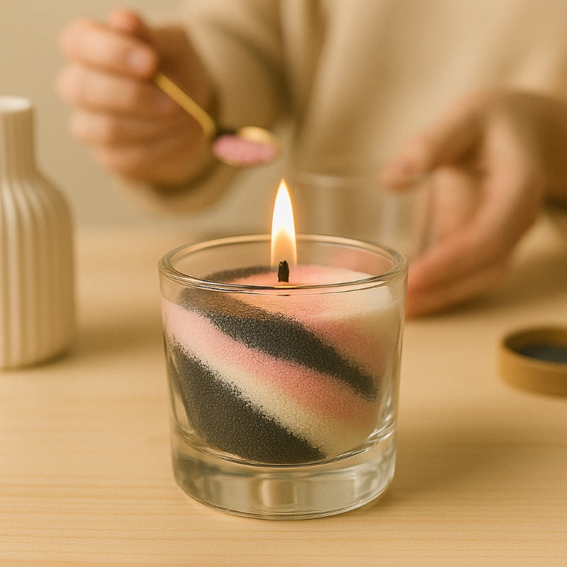 Perles de Cire Décorative DIY, une personne est en train de fabriquer sa bougie personnalisée. Elle est allumée.