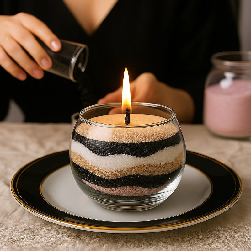 Recharge Bougie Cire Perle XL, Décorative DIY, on peut voir une personne qui a fabriqué sa propre bougie et l'a allumée. Ambiance chic.