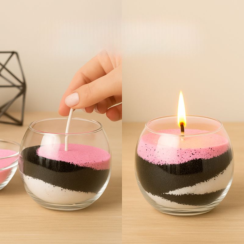 Recharge Bougie Cire Perle XL, mode d'emploi de la cire, à droite on pose la mèche à bougie et à gauche on allume la bougie fini.