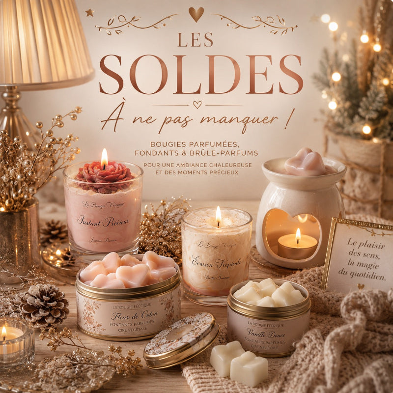 Collection soldes de bougies parfumées, fondants parfumés et brûle-parfums dans une ambiance chaleureuse et décorative pour la maison.