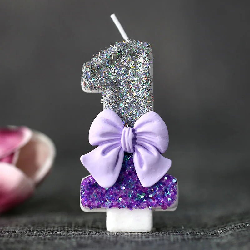 Bougie Anniversaire chiffre Nœud Bicolor Violet et Argenté pailleté - Incroyable Beauté