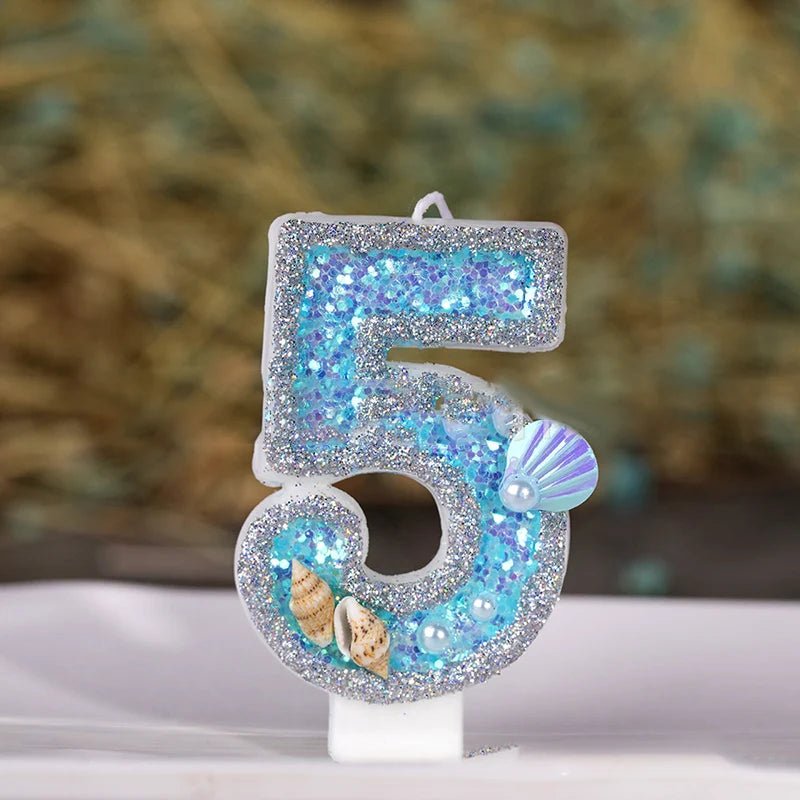 Bougie Anniversaire Chiffre Paillettes Bleues coquillages - Incroyable Beauté